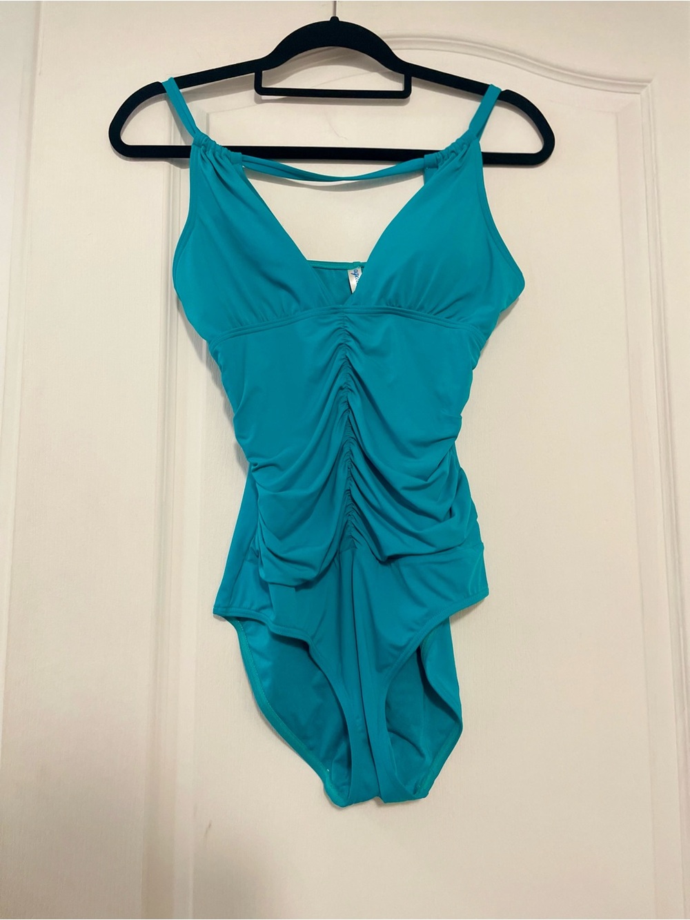 Ruched Teal One-Piece Swimsuit with V-Neck, Size Medium